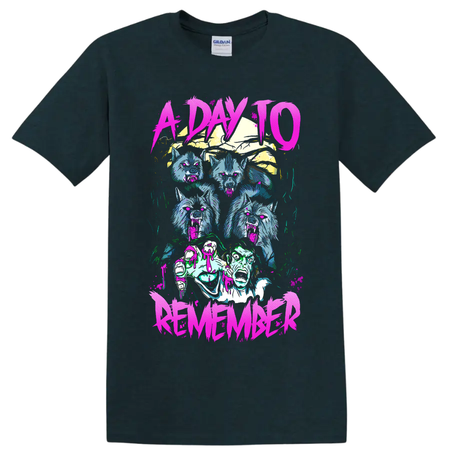A Day to Remember neon horror graphic with snarling wolves and an undead figure on a Midnight (Green) T Shirt