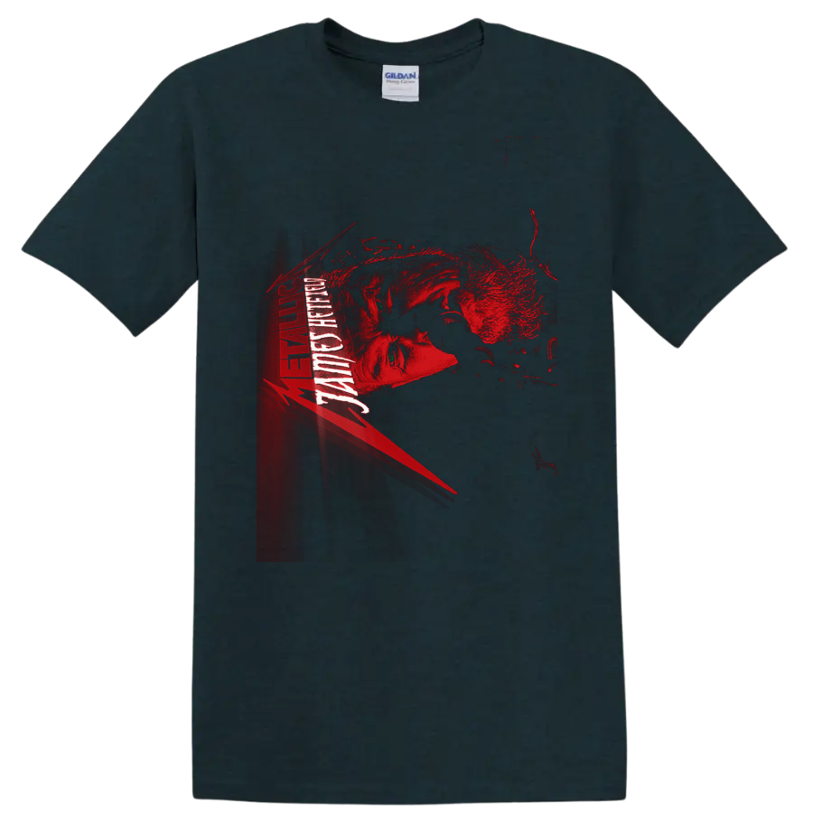James Hetfield Metallica distressed red and black portrait graphic with vertical band on a Midnight (Green) T Shirt