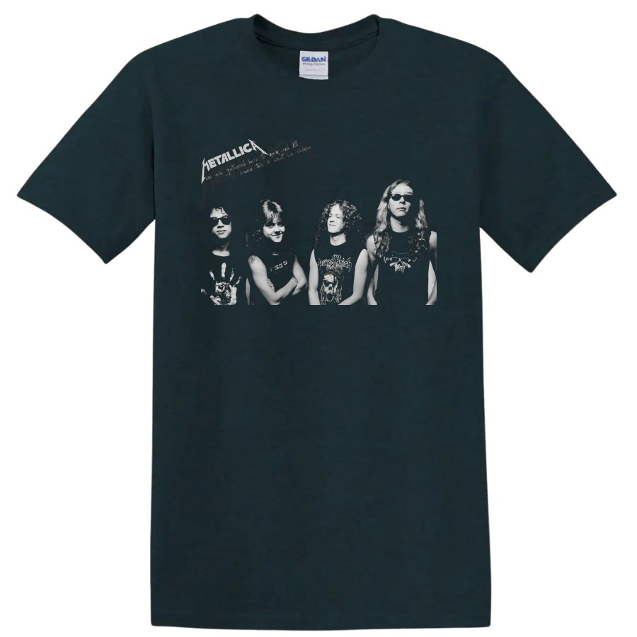 Metallica band photo graphic with Kirk Hammett and lightning-style logo on a Midnight (Green) T Shirt