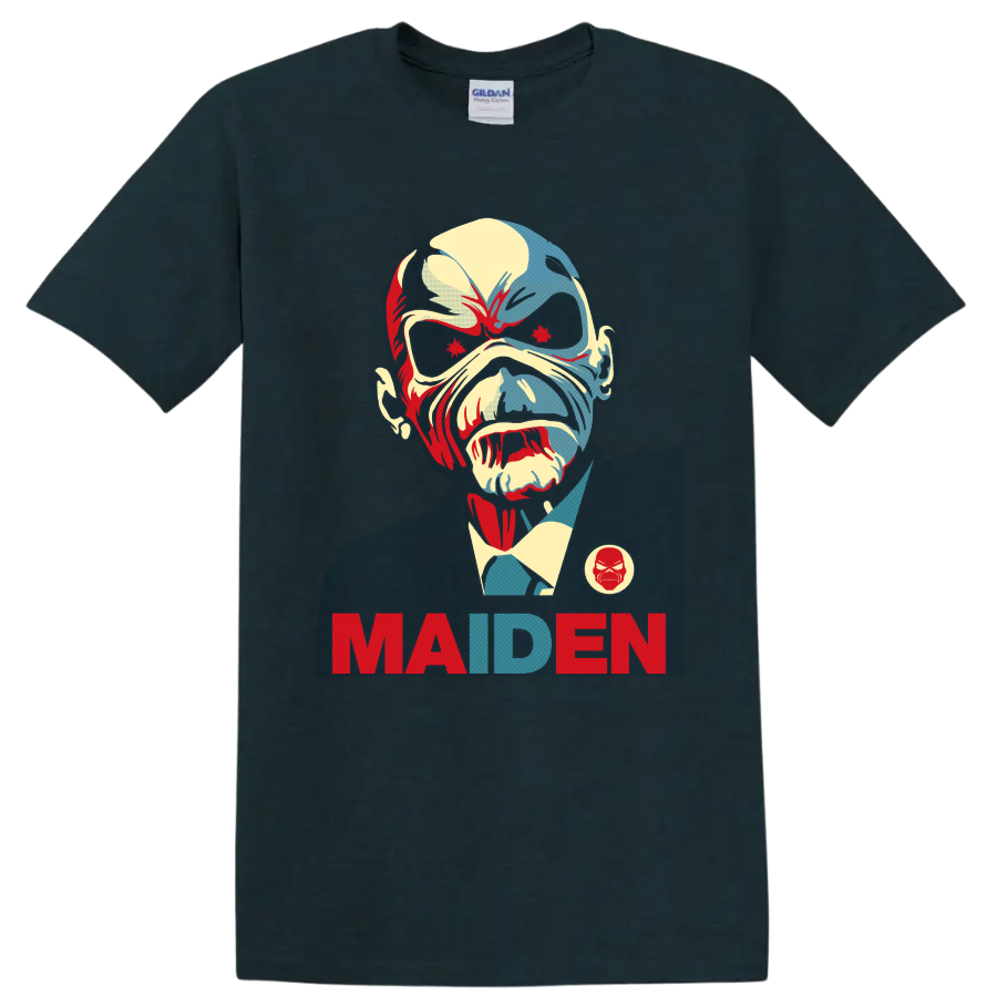 Iron Maiden Eddie the Head portrait in vintage heavy metal poster style with MAIDEN text on a Midnight (Green) T Shirt