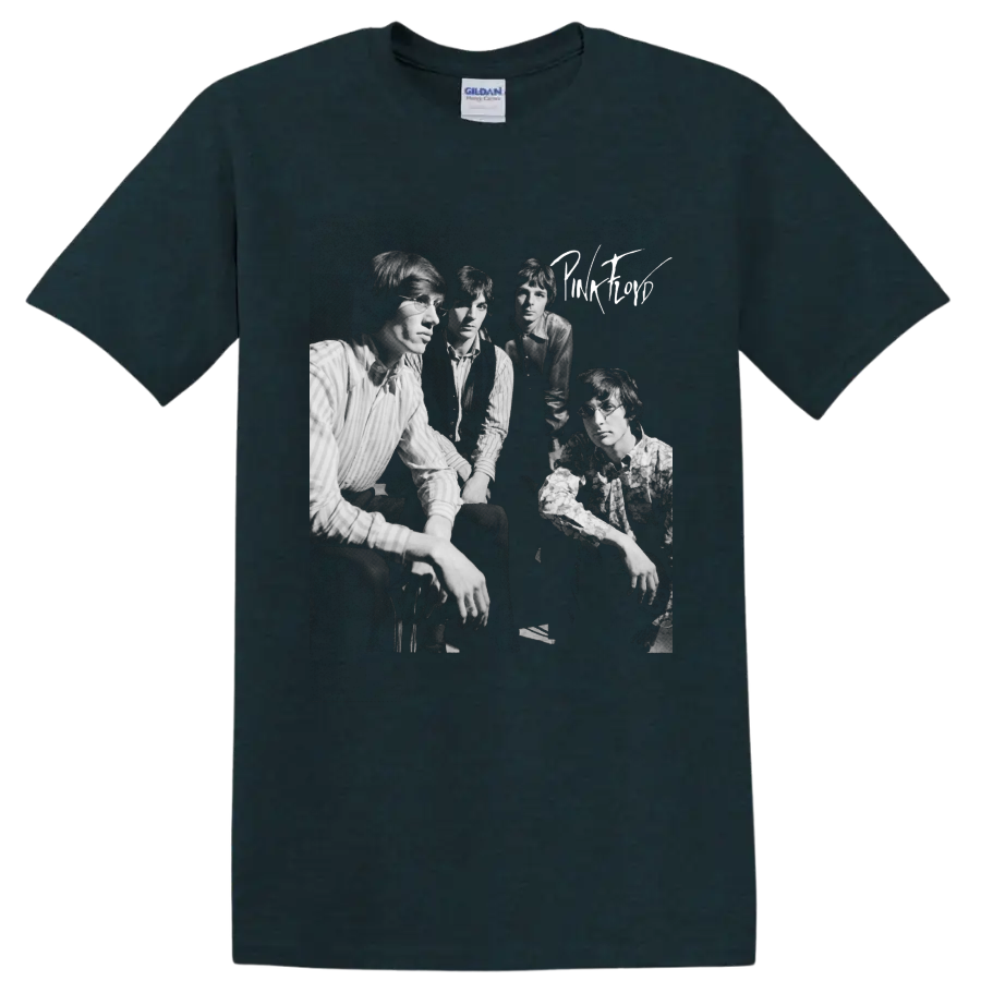 Pink Floyd original lineup black-and-white vintage portrait graphic on a Midnight (Green) T Shirt