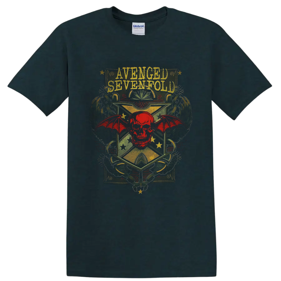Avenged Sevenfold Deathbat red skull and bat-wing vintage crest graphic on a Midnight (Green) T Shirt