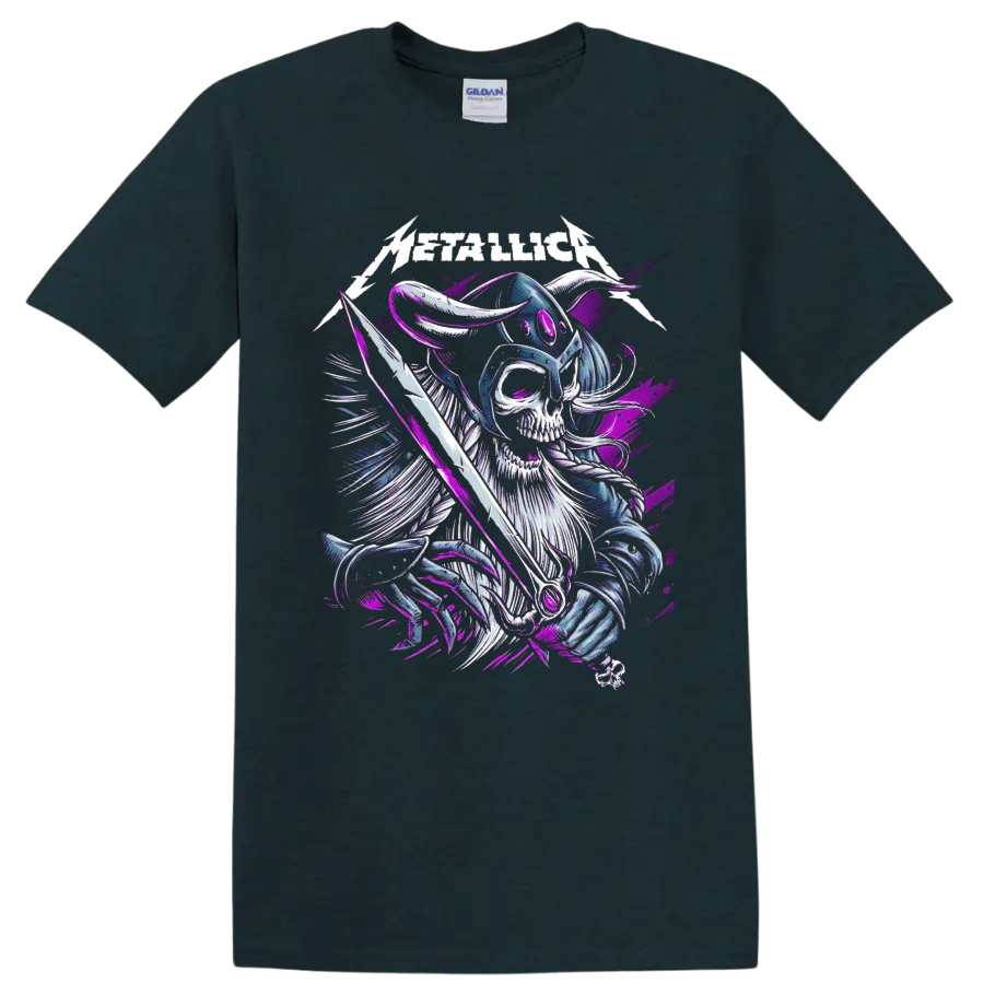 Metallica logo above a horned Viking skeleton warrior with sword in purple and blue art on a Midnight (Green) T Shirt