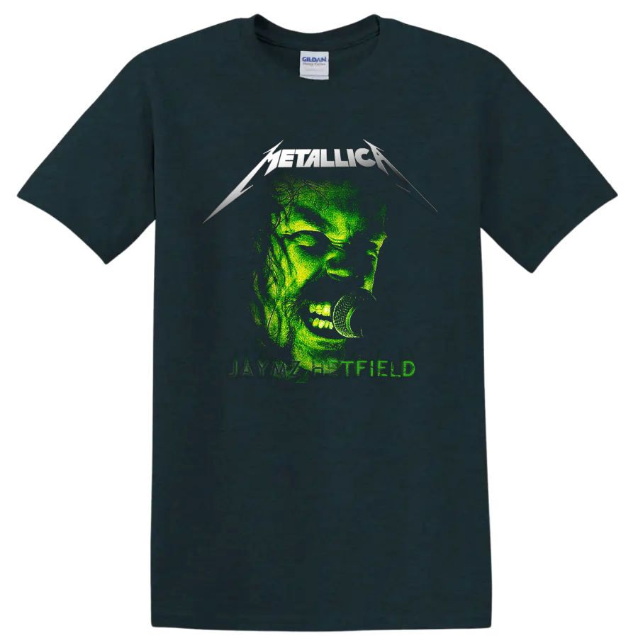 Metallica James Hetfield distressed green microphone portrait with band logo on a Midnight (Green) T Shirt
