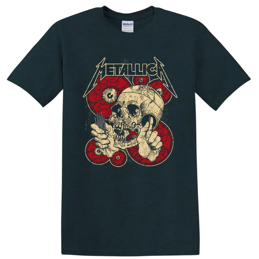 Metallica logo above distressed skull and skeletal hands with red circular graphics on a Midnight (Green) T Shirt