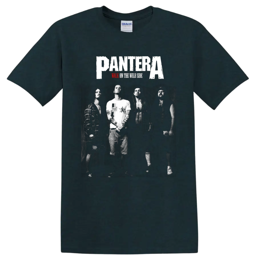 Pantera logo over black-and-white band photo with Walk on the Wild Side text on a Midnight (Green) T Shirt