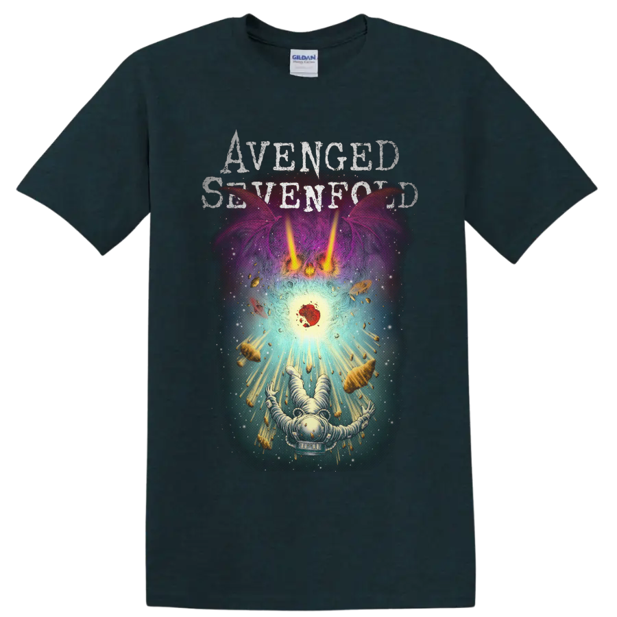 Avenged Sevenfold distressed text above a surreal astronaut cosmic graphic on a Midnight (Green) T Shirt