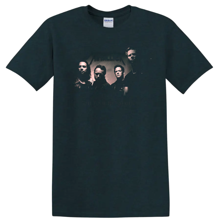 Metallica The Four Horsemen distressed graphic with four band portraits and logo on a Midnight (Green) T Shirt