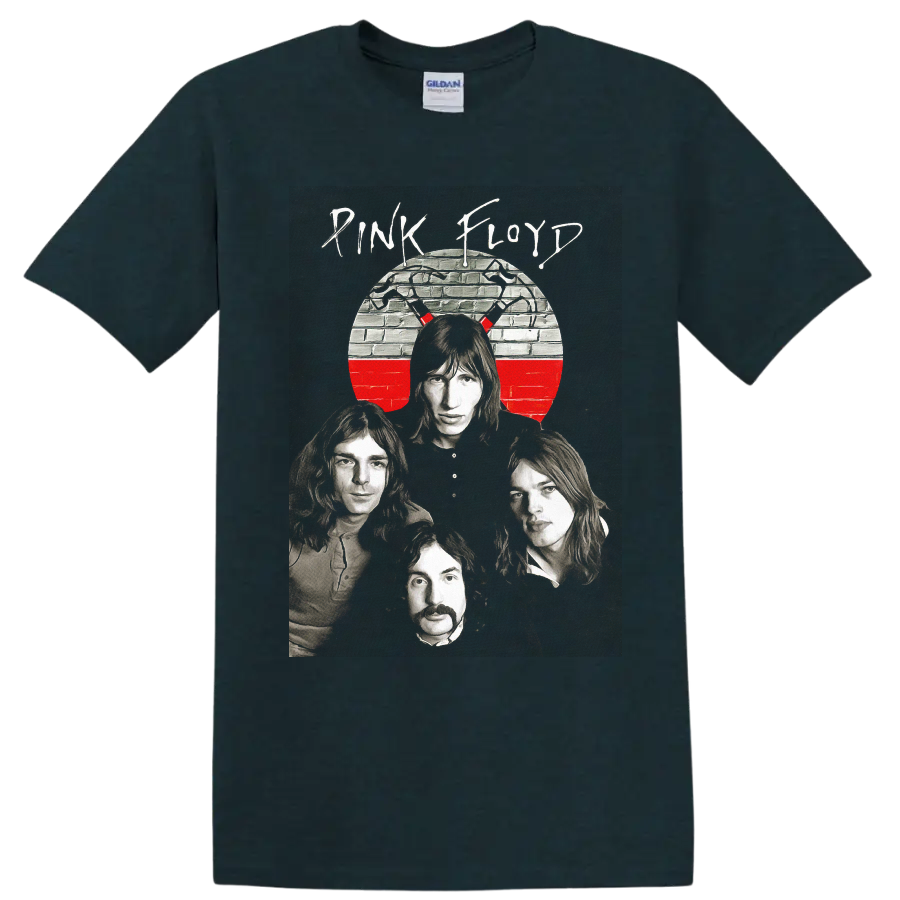 Pink Floyd The Wall band portrait with brick wall circle and red accent on a Midnight (Green) T Shirt