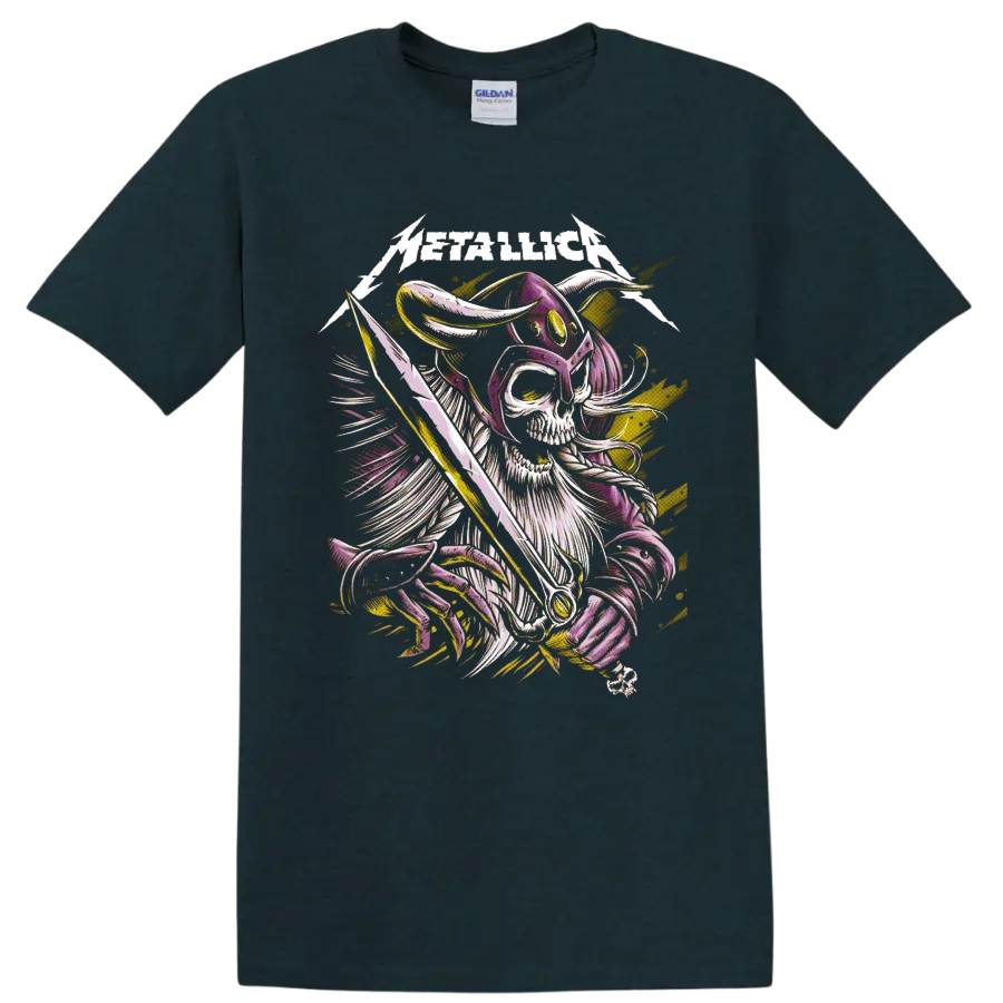 Metallica logo above a horned skeleton warrior with sword and lightning graphic on a Midnight (Green) T Shirt