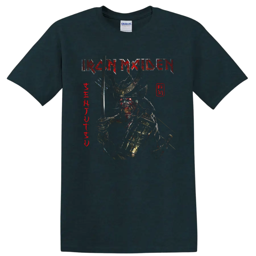 Iron Maiden Senjutsu Eddie armored samurai graphic with sword and distressed band logo on a Midnight (Green) T Shirt