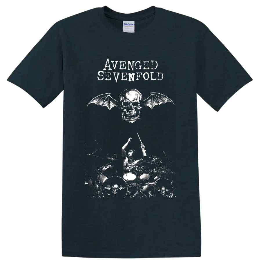 Avenged Sevenfold Deathbat winged skull and live drummer distressed graphic on a Midnight (Green) T Shirt