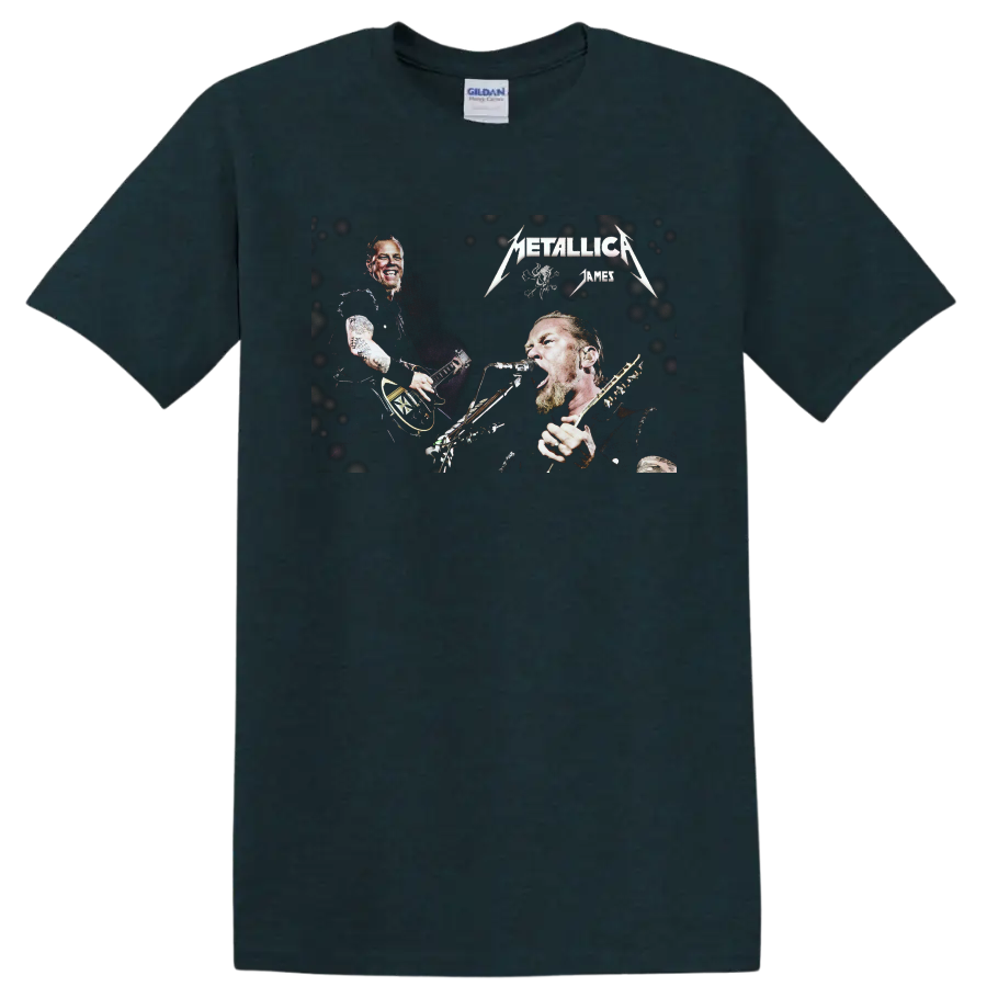 James Hetfield Metallica live-performance graphic with guitar, microphone, and band logos on a Midnight (Green) T Shirt