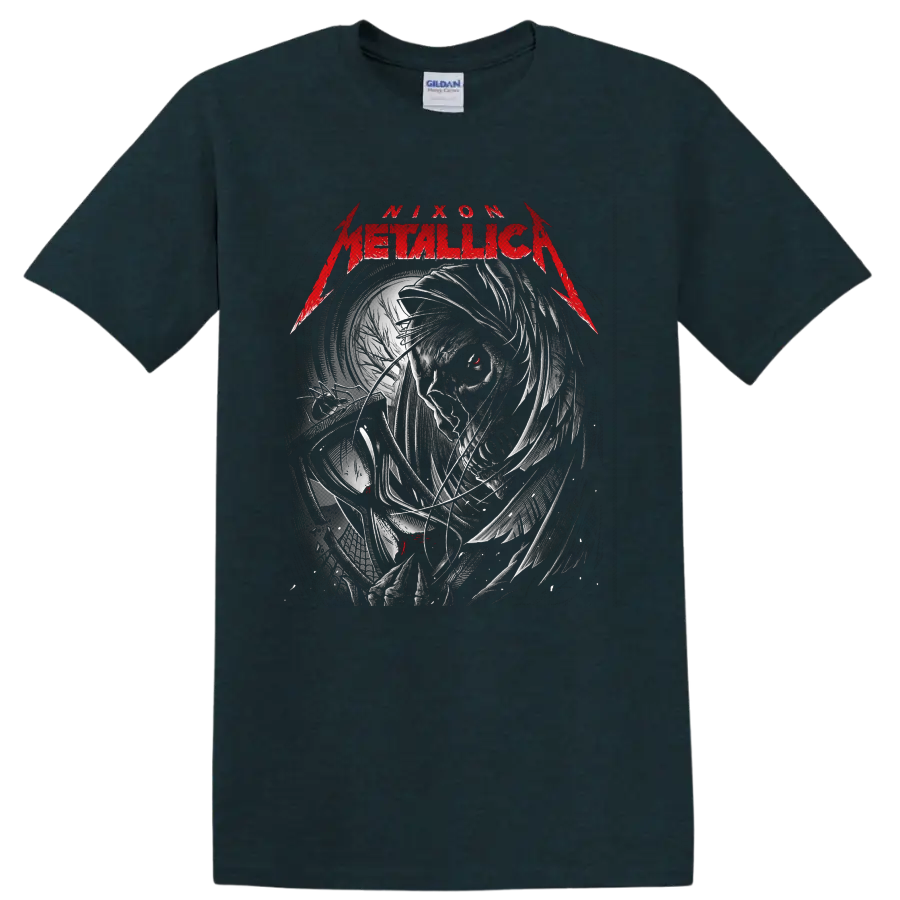 Metallica Nixon Father Time portrait with distressed clockwork art and red accents on a Midnight (Green) T Shirt