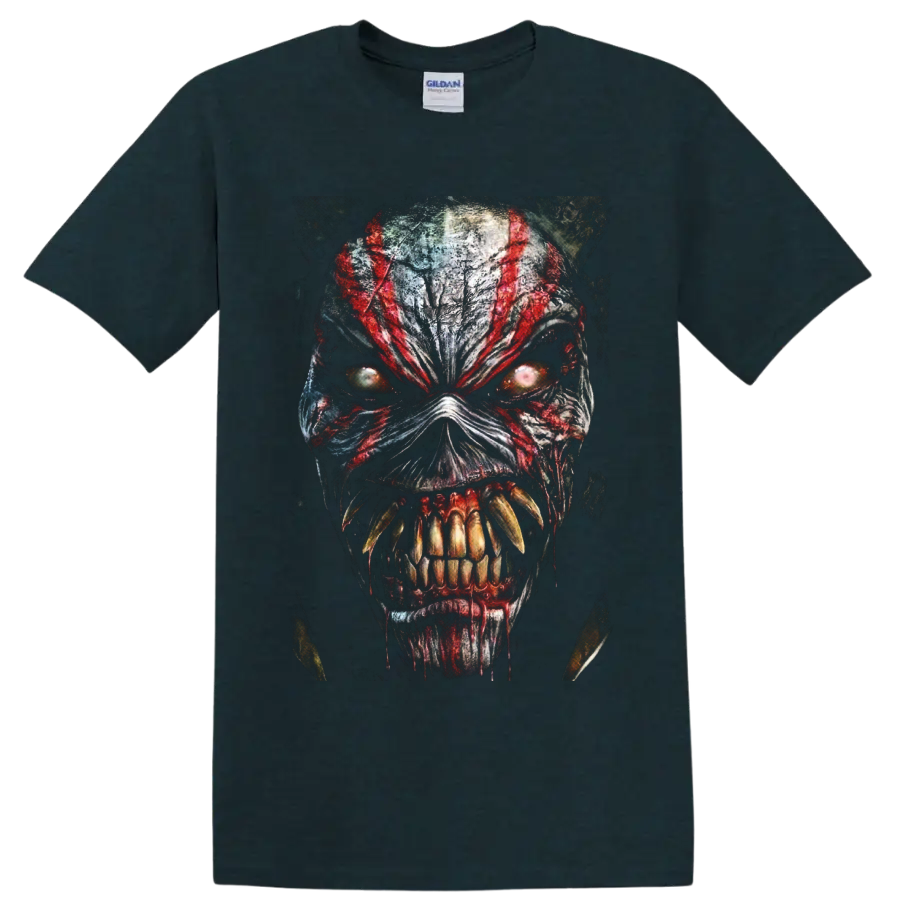 Eddie the Head horror monster portrait graphic with red streaks and glowing eyes on a Midnight (Green) T Shirt