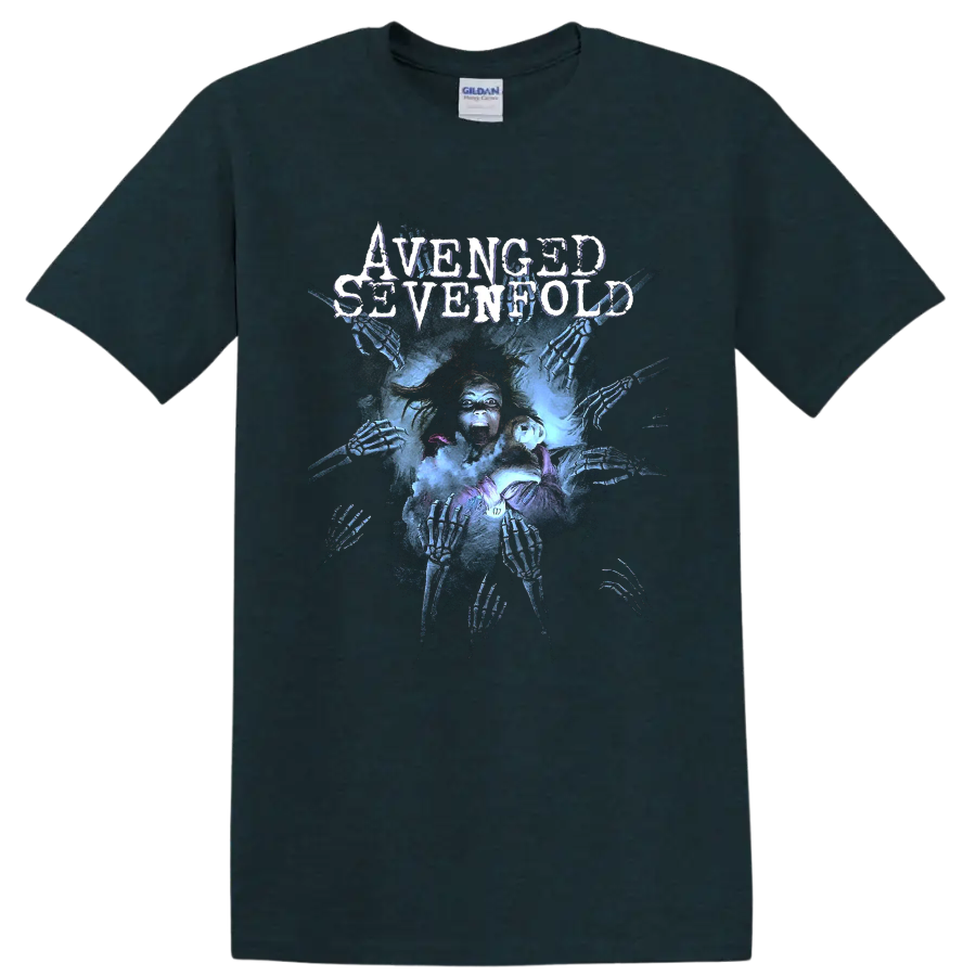 Avenged Sevenfold distressed logo over a haunted figure and reaching skeletal hands on a Midnight (Green) T Shirt