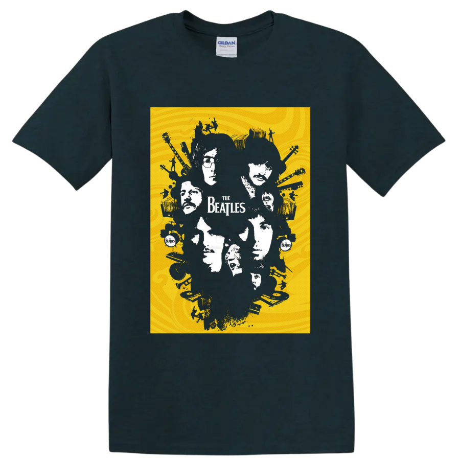 The Beatles four-member portrait collage with guitars, drums, records, and band logo on a Midnight (Green) T Shirt
