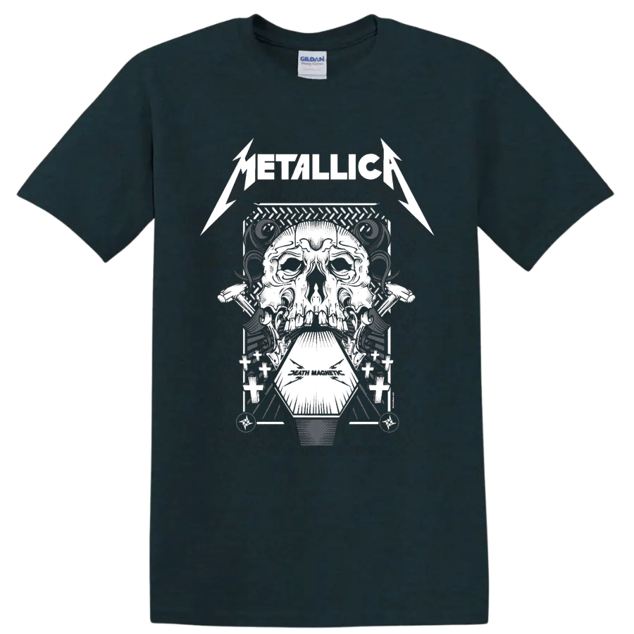 Metallica Death Magnetic skull and coffin industrial heavy metal graphic on a Midnight (Green) T Shirt