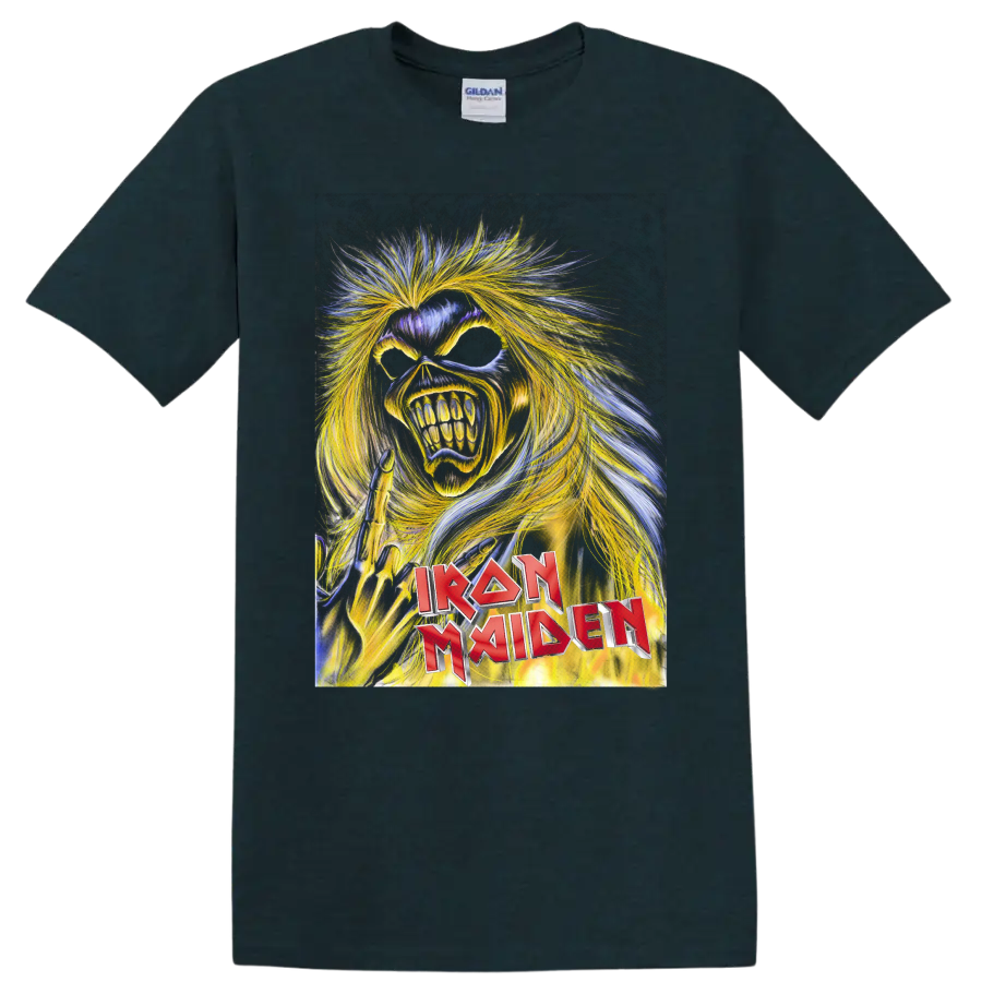 Iron Maiden Killers Eddie the Head snarling heavy metal mascot graphic on a Midnight (Green) T Shirt