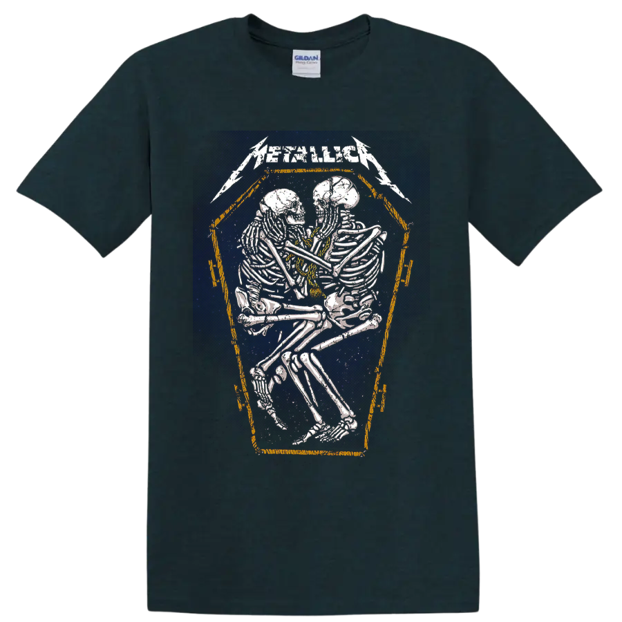 Metallica logo above distressed embracing skeletons in a coffin-shaped frame on a Midnight (Green) T Shirt