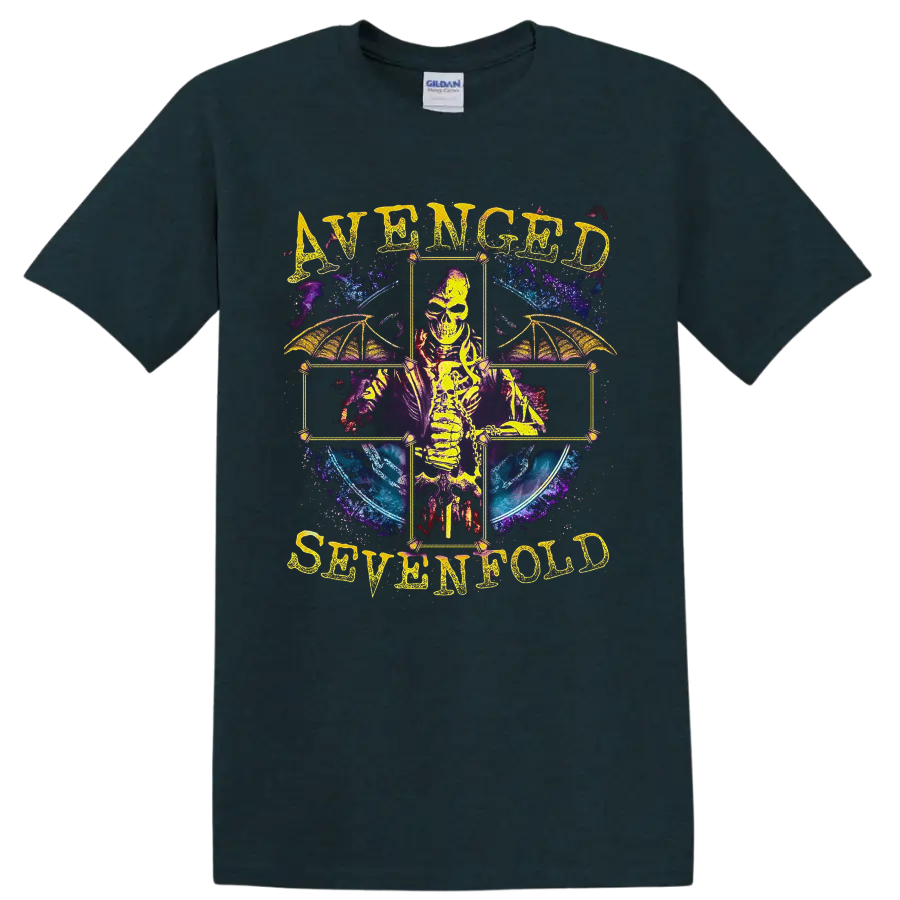 Avenged Sevenfold skeleton with bat wings in a cosmic gothic cross design on a Midnight (Green) T Shirt