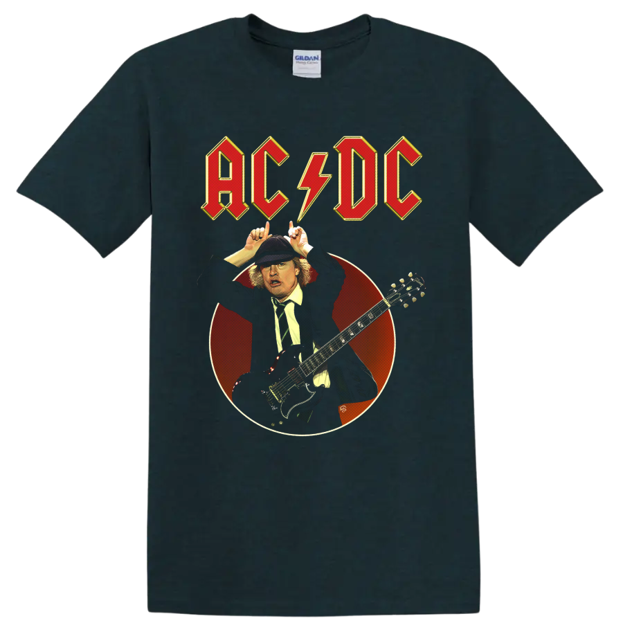Angus Young AC/DC guitar portrait with lightning bolt logo and vintage red circle on a Midnight (Green) T Shirt