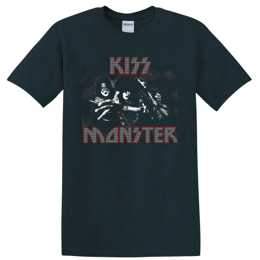 KISS Monster graphic with face-painted band image and distressed metallic lettering on a Midnight (Green) T Shirt