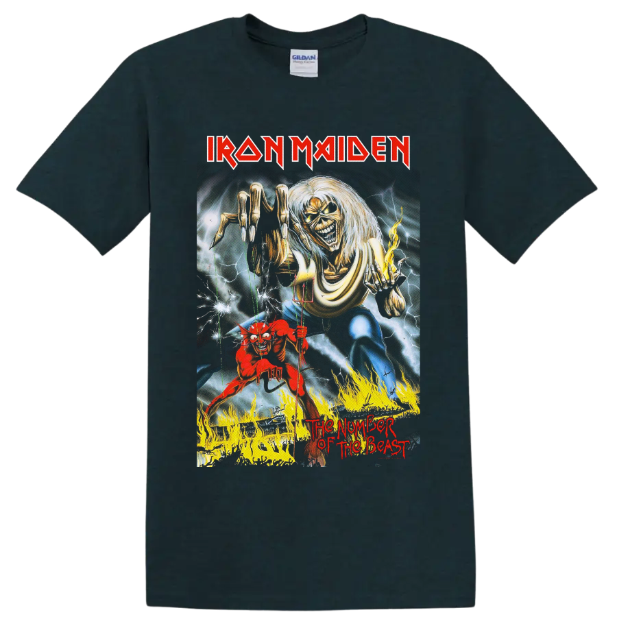 Painted Iron Maiden Eddie the Head with devil puppet, lightning, and flames on a Midnight (Green) T Shirt