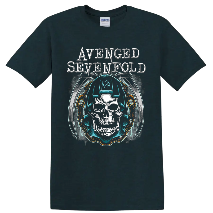 Avenged Sevenfold Holy Reaper skull wearing headphones with distressed band lettering on a Midnight (Green) T Shirt