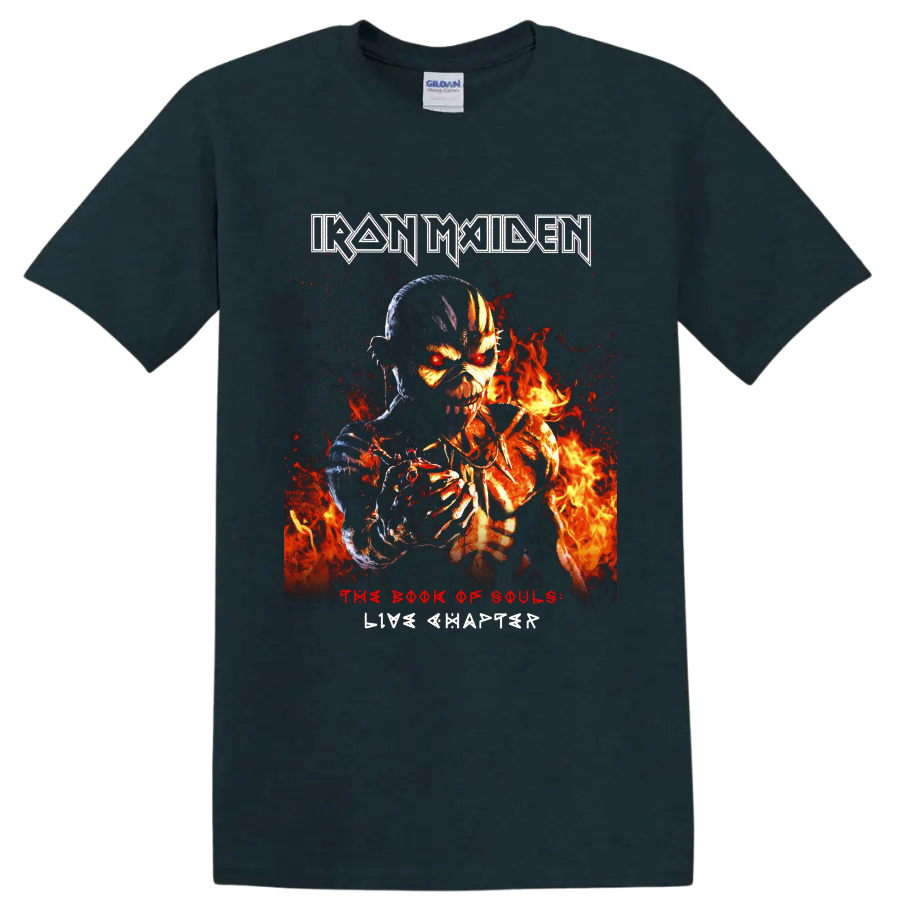 Iron Maiden Eddie in fiery skeletal artwork with The Book of Souls Live Chapter text on a Midnight (Green) T Shirt