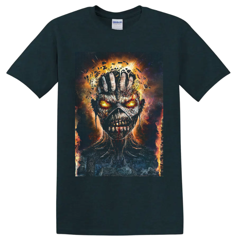 Eddie the Head fiery skull portrait with glowing eyes and cosmic embers on a Midnight (Green) T Shirt