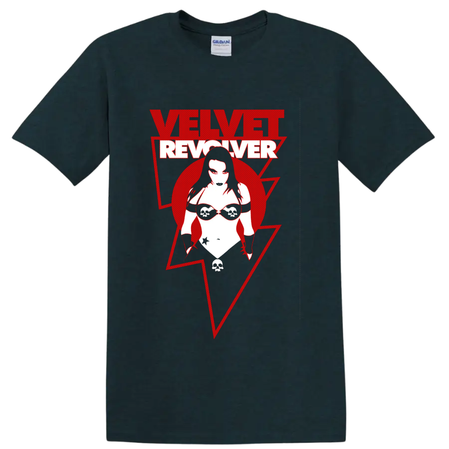 Velvet Revolver red and white distressed logo with stylized skull sunglasses figure on a Midnight (Green) T Shirt