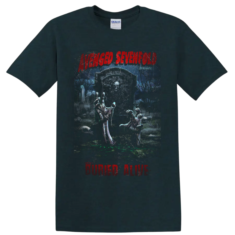 Avenged Sevenfold Buried Alive gothic graveyard art with skeletal hands and tombstone on a Midnight (Green) T Shirt