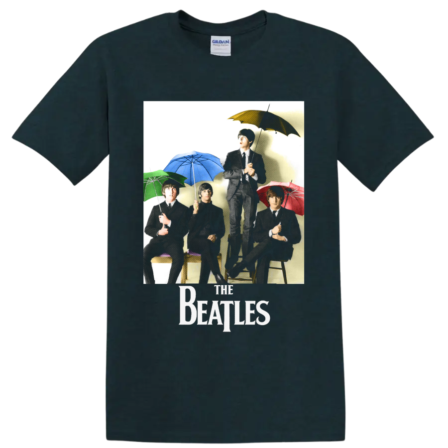 The Beatles vintage-style band portrait with colorful umbrellas and The Beatles logo on a Midnight (Green) T Shirt