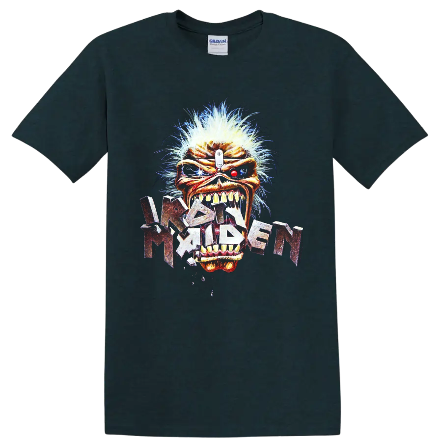 Iron Maiden Eddie the Head cybernetic-style heavy metal graphic with distressed band on a Midnight (Green) T Shirt