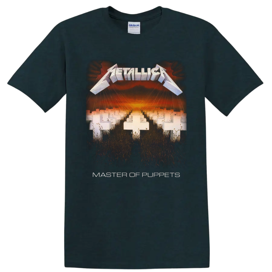 Metallica Master of Puppets cemetery album art with white crosses and fiery sky on a Midnight (Green) T Shirt