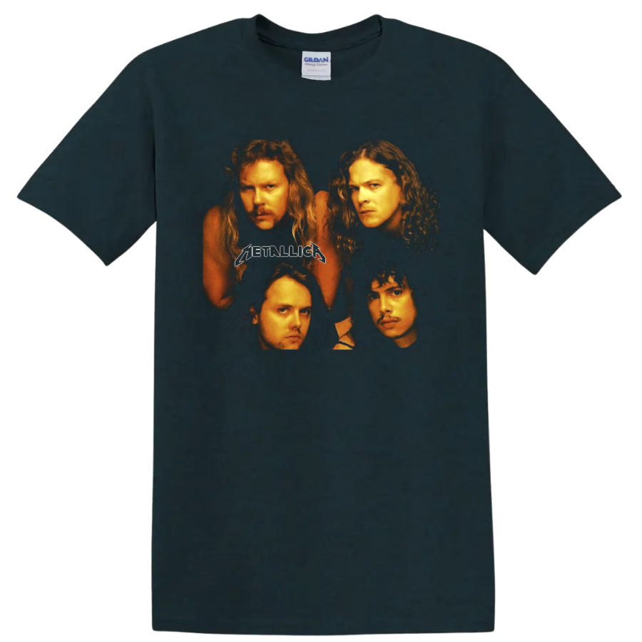 Metallica four-member portrait graphic with classic Metallica logo on a Midnight (Green) T Shirt