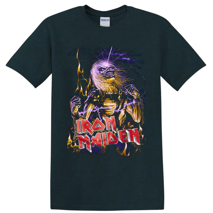 Iron Maiden Eddie skeleton with purple lightning, flames, chains, and red band logo on a Midnight (Green) T Shirt