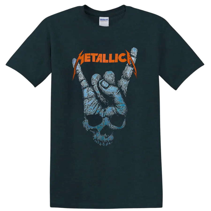 Metallica orange logo above a distressed blue skull with raised skeletal rock hand on a Midnight (Green) T Shirt