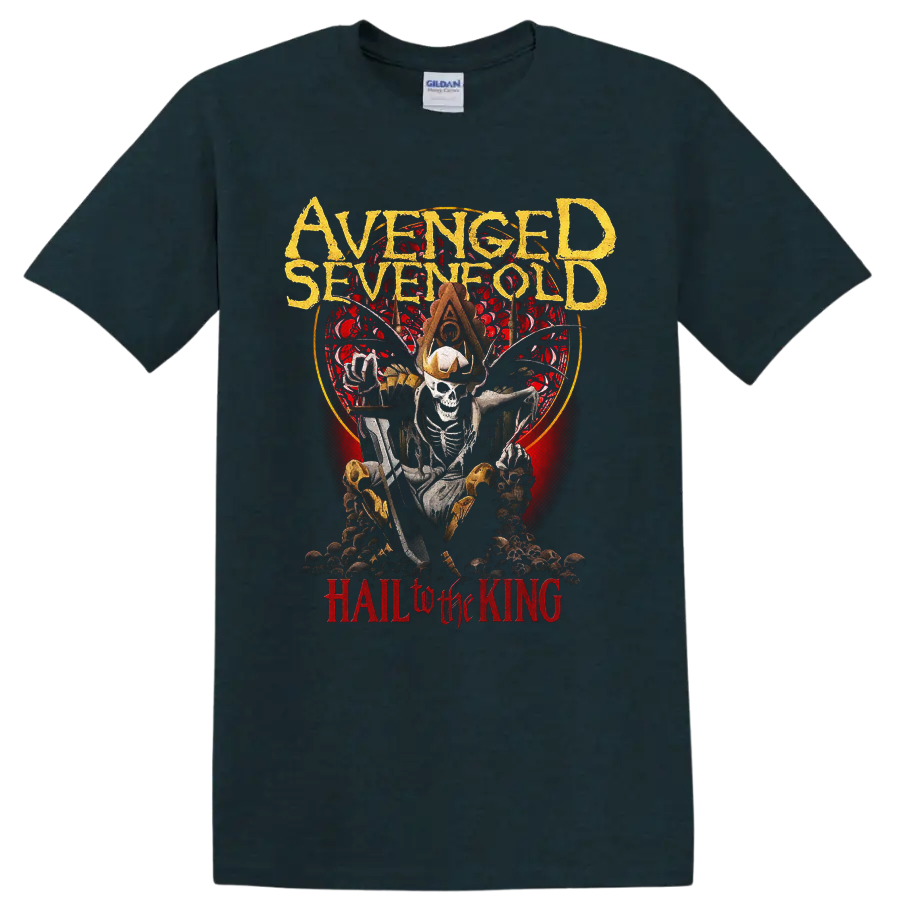 Avenged Sevenfold Hail to the King crowned skeleton gothic graphic print on a Midnight (Green) T Shirt