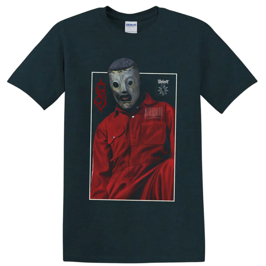 Corey Taylor Slipknot mask portrait in a red jumpsuit with distressed metal artwork on a Midnight (Green) T Shirt