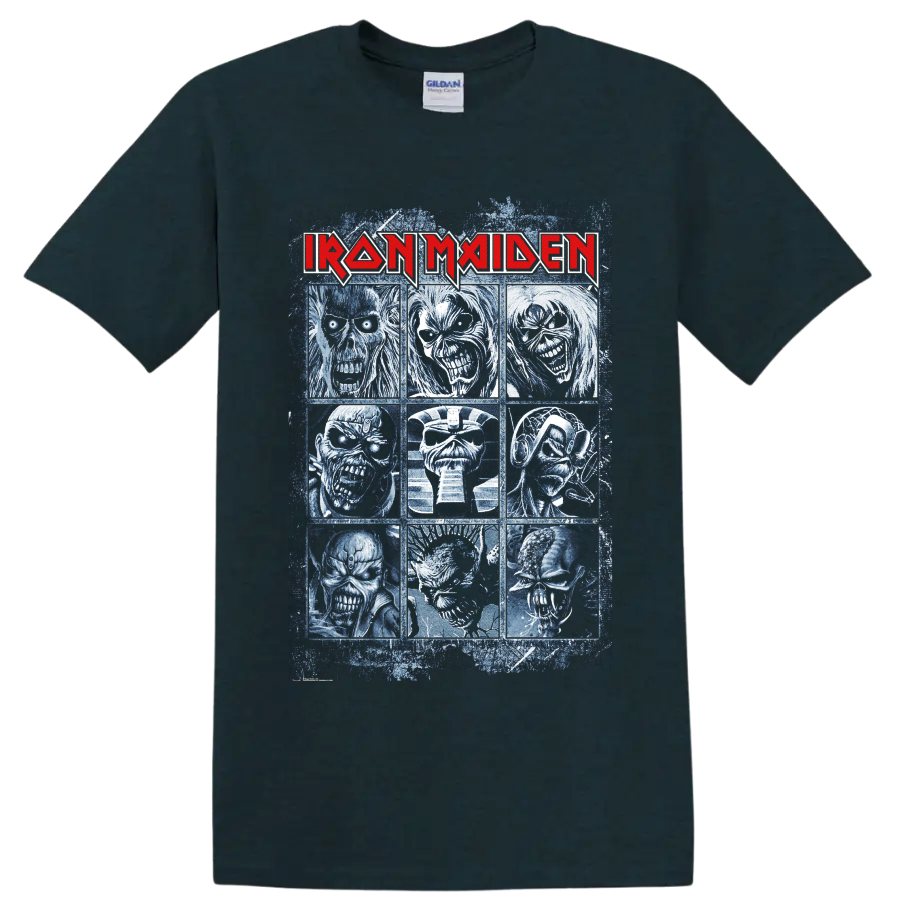 Iron Maiden Eddie the Head nine-portrait distressed heavy metal graphic on a Midnight (Green) T Shirt