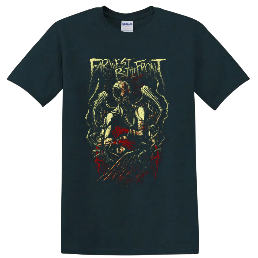 Farthest Battlefront distressed metal logo above spectral figures and red splatter on a Midnight (Green) T Shirt