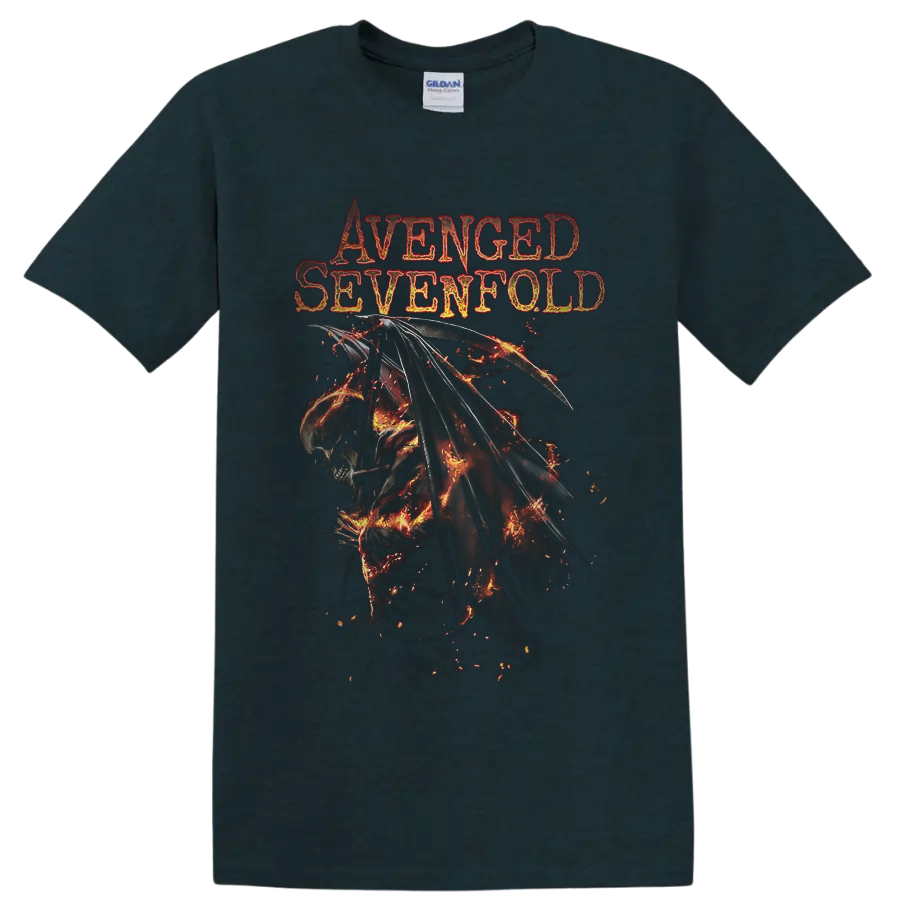 Avenged Sevenfold Deathbat with flaming wings and distressed gothic band lettering on a Midnight (Green) T Shirt