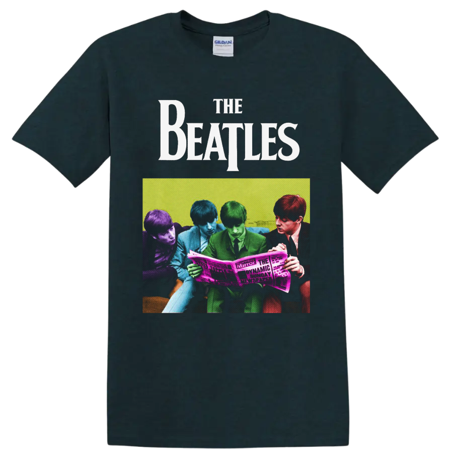 The Beatles colorized group photo reading a newspaper in retro pop-art style on a Midnight (Green) T Shirt