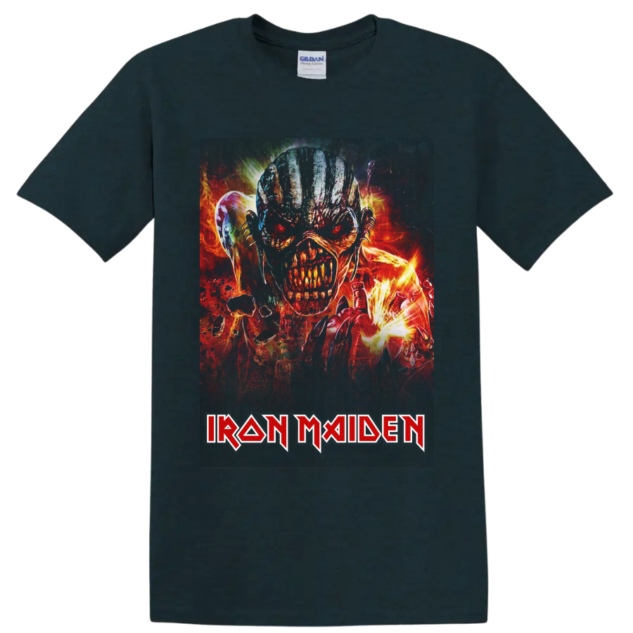 Fiery Eddie the Head heavy metal illustration with Iron Maiden logo on a Midnight (Green) T Shirt
