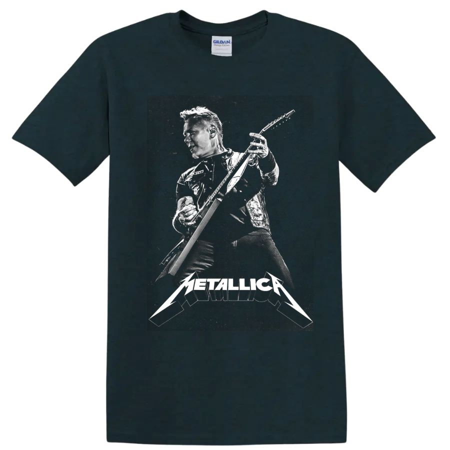 James Hetfield playing guitar in gritty monochrome with Metallica logo on a Midnight (Green) T Shirt