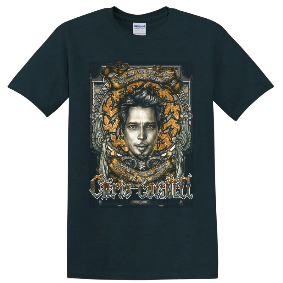 Chris Cornell gothic memorial portrait with gold banners, birds, wings, and tribute on a Midnight (Green) T Shirt