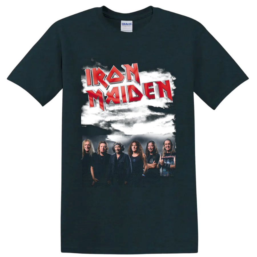 Iron Maiden red metallic logo above a smoky band group photo on a Midnight (Green) T Shirt