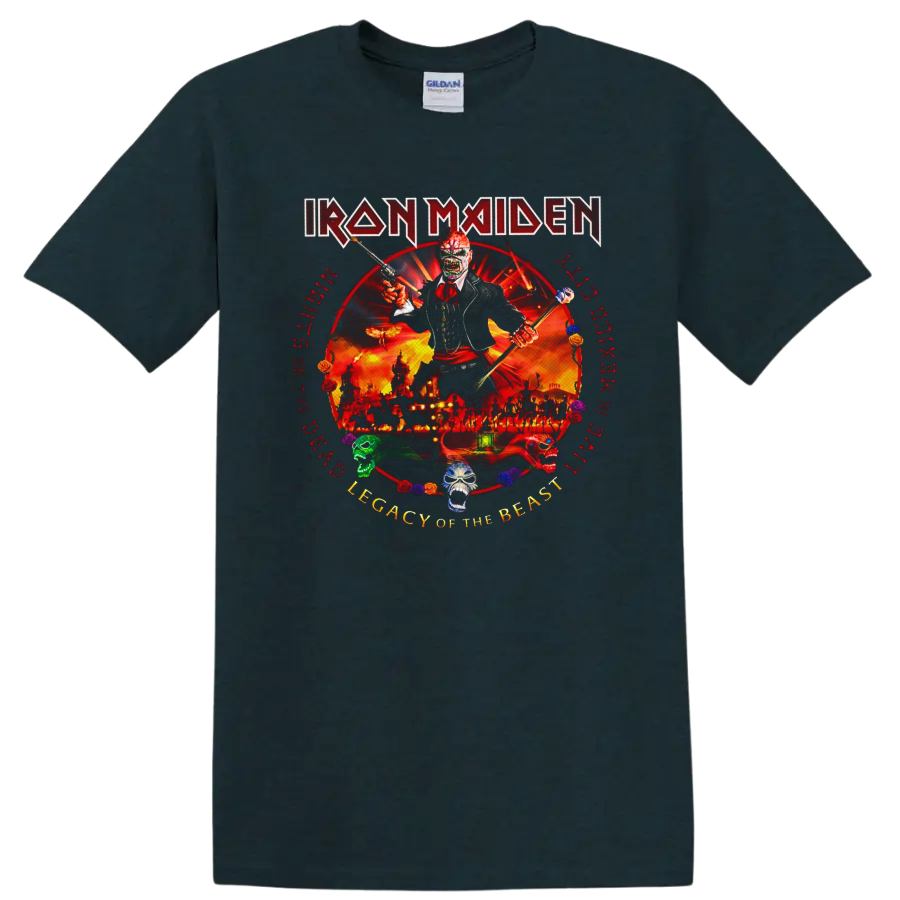 Iron Maiden Eddie in fiery Legacy of the Beast live artwork with skulls and roses on a Midnight (Green) T Shirt